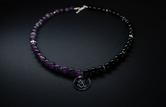 Collier en perles d'agate noir, amethyst et argent 925